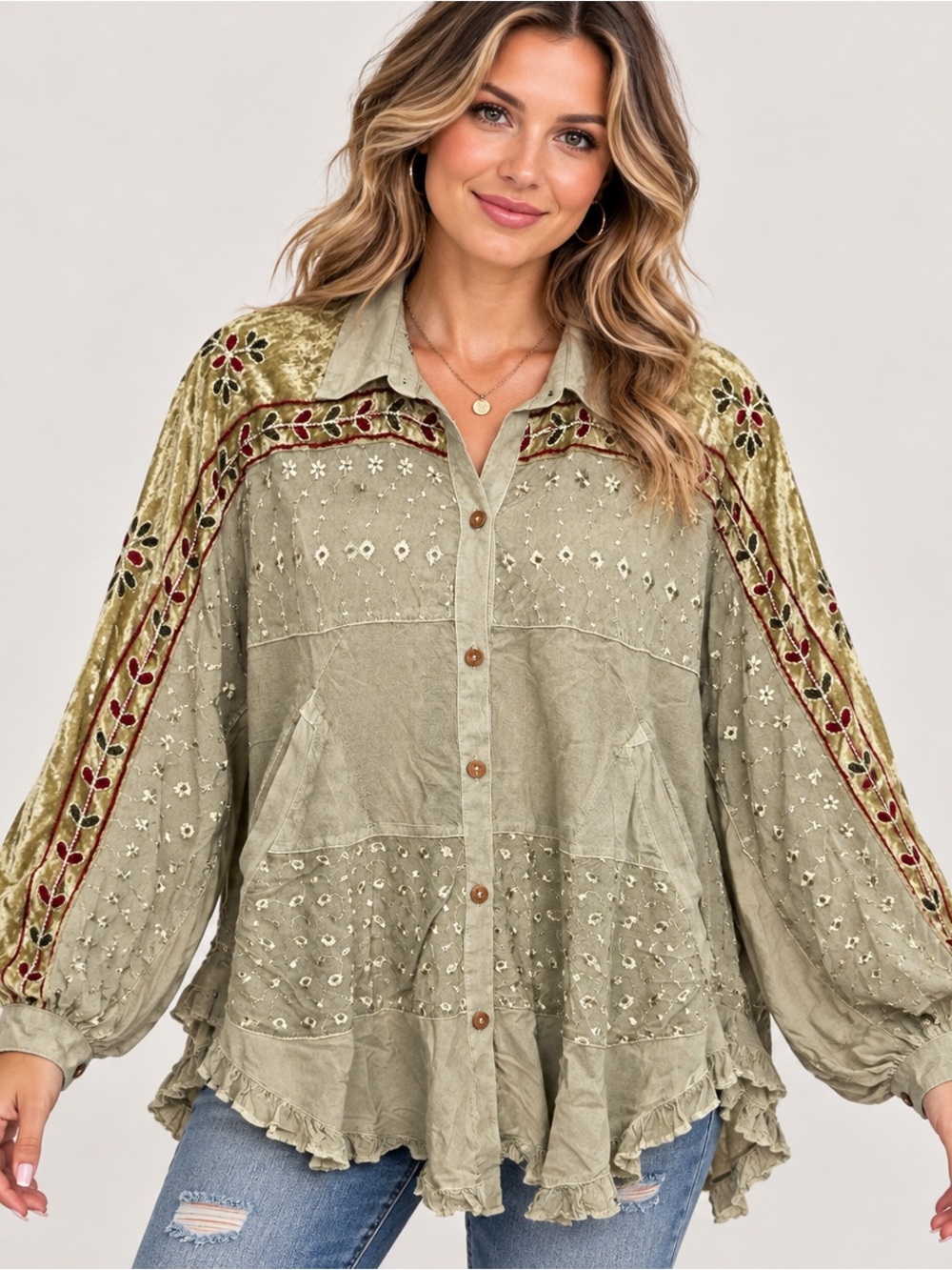 Young Threads Olive Velvet Embroidered Boho Blouse Size M NWT